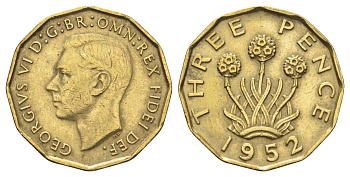 Великобритания 3 пенса 1952 Георг VI (1936-1952) KM 873, Spink 4113 никель латунь 4698-1021
