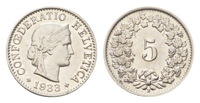 Швейцария 5 раппенов 1933 B KM 26b никель 4705-1227