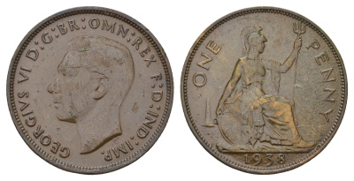 Великобритания 1 пенни 1938 Георг VI (1936-1952) КМ 845, Spink 4114 бронза 4117-925