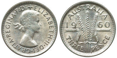 Австралия 3 пенса 1960 m, Елизавета II (1952-2022) KM 57 серебро 71-648