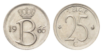 Бельгия 25 сантимов 1966 Belgie, Бодуэн I (1951-1993) KM 154 медно-никель 4705-346