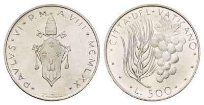 Ватикан 500 лир 1970 MCMLXX KM 123 серебро UNC 11-134-41