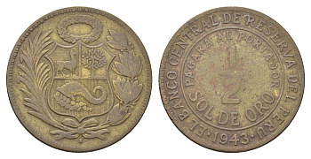 Перу 1/2 соль 1943 KM 220 латунь 4678-727