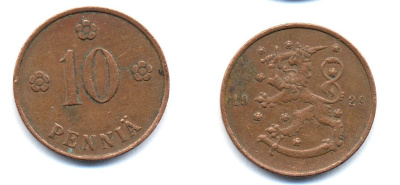Финляндия 10 пенни 1929 республика (1918-1962) KM 24 медь 51-5314