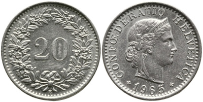 ШВЕЙЦАРИЯ 20 РАППЕНОВ 1965 В KM 29а медно-никель 4529-737