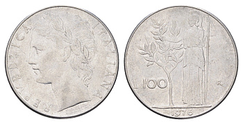 Италия 100 лир 1976 R, Афина в доспехах KM 96.1 нержавеющая сталь 4704-731