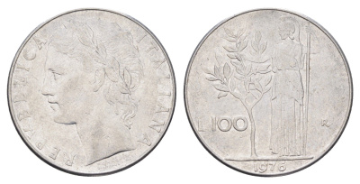 Италия 100 лир 1976 R, Афина в доспехах KM 96.1 нержавеющая сталь 4704-731