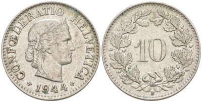 ШВЕЙЦАРИЯ 10 РАППЕНОВ 1944 В KM 27 медно-никель 201-451