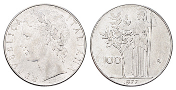 Италия 100 лир 1977 R, Афина в доспехах KM 96.1 нержавеющая сталь 4704-737