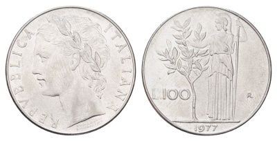 Италия 100 лир 1977 R, Афина в доспехах KM 96.1 нержавеющая сталь 4704-737