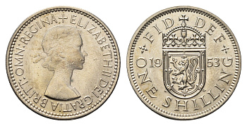 Великобритания 1 шиллинг 1953 год-тип, Елизавета II (1952-2022), Шотландский герб KM 891, Spink 4140 медно-никель UNC 4691-633
