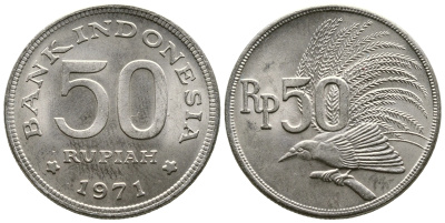 Индонезия 50 рупий 1971 райская птица KM 35 медно-никель UNC 89-556