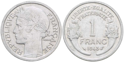ФРАНЦИЯ 1 ФРАНК 1948 ТИП MORLON, LEGERE KM 885a.1, LE FRANC 221.13 алюминий 4519-832