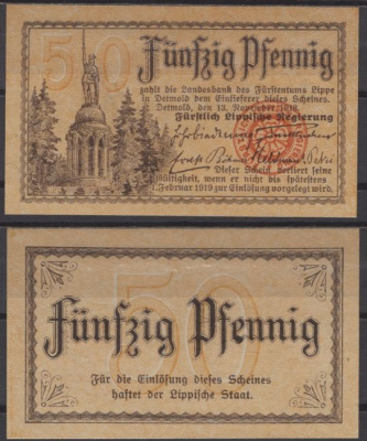 Липпе 50 пфеннигов 1918 DeNG 2 L52.1 бумага UNC (пресс) 8608-25-3-2