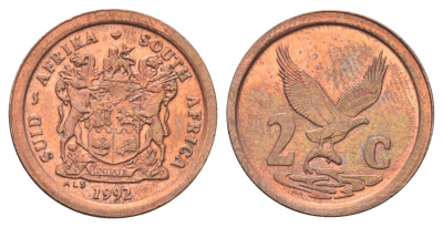ЮАР 2 цента 1992 орел с рыбой KM 133 сталь плакированная медью UNC 4696-938