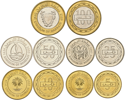Бахрейн лот из 5 монет 2005-2009 (5, 10, 25, 50, 100 филс), одна монета биметалл UNC M86-07
