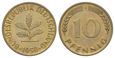 ФРГ 10 пфеннигов 1950 J KM 108, J. 383 сталь плакированная латунью 4697-556