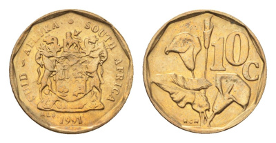 ЮАР 10 центов 1991 герб, цветок алоэ KM 135 сталь плакированная бронзой UNC 4694-637
