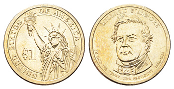 США 1 доллар 2010 P, Президент США - Миллард Филлмор (1850-1853) KM 475 медь с марганцево-латунным покрытием UNC 4703-1224