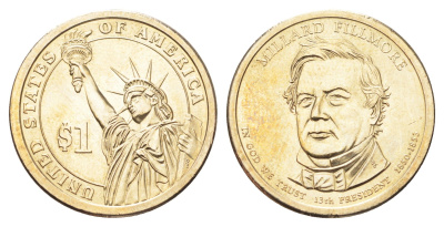 США 1 доллар 2010 P, Президент США - Миллард Филлмор (1850-1853) KM 475 медь с марганцево-латунным покрытием UNC 4703-1224