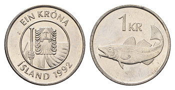 Исландия 1 крона 1992 треска KM 27a сталь плакированная никелем UNC 4687-841