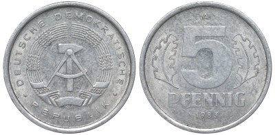 ГДР 5 ПФЕННИГОВ 1983 A КМ 9.2 алюминий 62-454