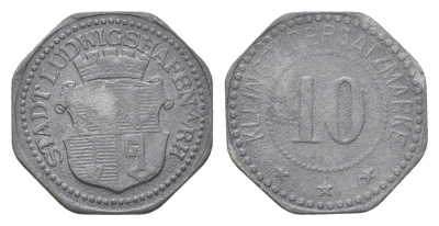 Людвигсхафен-ам-Райн 10 пфеннигов ND (1917) Funck 308.2, Men05 15649.3, Men18 19617.3 цинк 4708-827