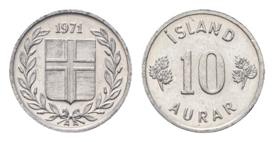Исландия 10 эйре 1971 KM 10a алюминий UNC 4696-316