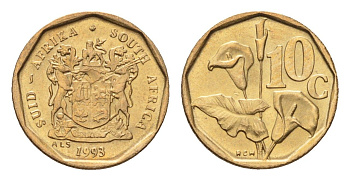 ЮАР 10 центов 1993 герб, цветок алоэ KM 135 сталь плакированная бронзой UNC 4694-659