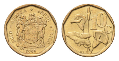 ЮАР 10 центов 1993 герб, цветок алоэ KM 135 сталь плакированная бронзой UNC 4694-659