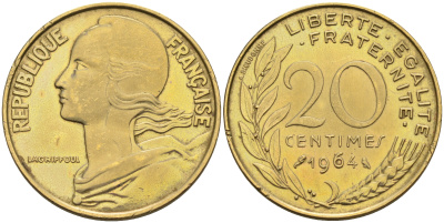 Франция 20 сантимов 1964 тип Marianne KM 930 медь алюминий никель    4595-1041