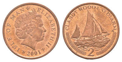 Остров Мэн 2 пенса 2001 Елизавета II (1952-2022) KM 1037 сталь плакированная медью 4652-736