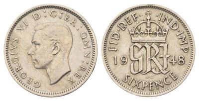 Великобритания 6 пенсов 1948 Георг VI (1936-1952) KM 862, Spink 4105 медно-никель 4708-728