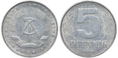 ГДР 5 пфеннигов 1975 A KM 9.1 алюминий 62-257