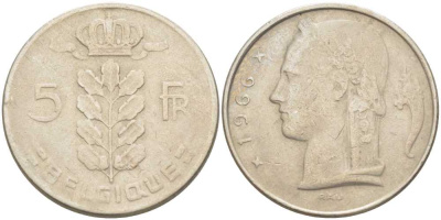 БЕЛЬГИЯ 5 ФРАНКОВ 1966 BELGIQUE, БОДУЭН I (1951-1993) KM 134.1 медно-никель 213-554