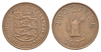 Гернси 2 пенса 1977 Елизавета II (1952-2022), ветряная мельница KM 28 бронза 4703-1146