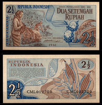 Индонезия 2 1/2 рупий 1961 Pick 79 бумага aUNC 7116-36-2-1