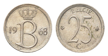Бельгия 25 сантимов 1968 Belgie, Бодуэн I (1951-1993) KM 154 медно-никель 4705-349