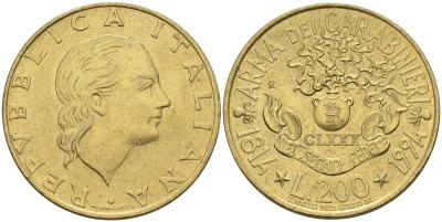 Италия 200 лир 1994 R, 180 лет карабинерам KM 164 алюминиевая бронза 4141-113