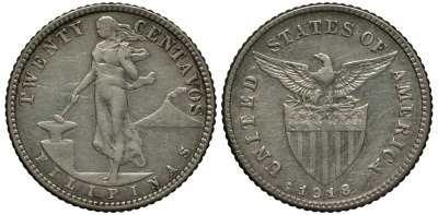 Филиппины 20 сентаво 1918 S, вес 3,93 гр. KM 170 серебро    272-111
