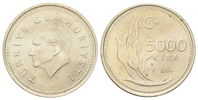 Турция 5000 лир 1994 Кемаль Ататюрк KM 1025 никель латунь UNC 4681-925