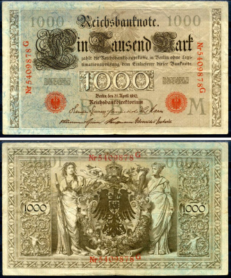 Германия 1000 марок 1910 21 апреля 1910, красная печать, номер семизначный, серия G, буква M, выпуск АПРЕЛЬ - ИЮЛЬ 1918 Pick 44 b бумага 2194-25-2-2