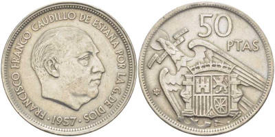 ИСПАНИЯ 50 ПЕСЕТ 1957 (59) ФРАНСИСКО ФРАНКО ДИКТАТОР ИСПАНИИ (1939-1975) KM 788 медно-никель 38-341