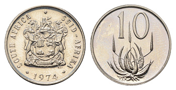ЮАР 10 центов 1974 герб, цветок алоэ KM 85 никель PROOF 4690-1127