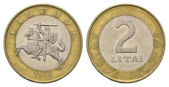 Литва 2 лита 1998 KM 112 биметалл 4695-513
