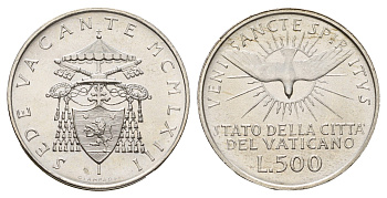 Ватикан 500 лир 1963 вакантный престол (Sede Wacante) KM 75 серебро UNC 11-134-35