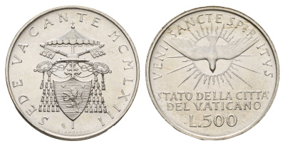 Ватикан 500 лир 1963 вакантный престол (Sede Wacante) KM 75 серебро UNC 11-134-35