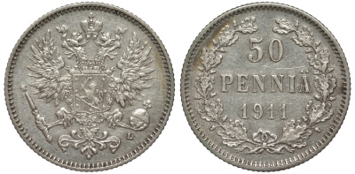Россия для Финляндии 50 пенни 1911 L, Николай II (1894-1917) КМ 2.2, Биткин 404 серебро 75-851