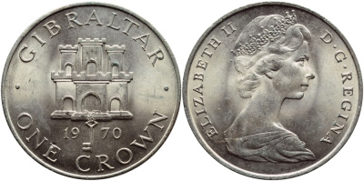 Гибралтар 1 крона 1970 Елизавета II (1952-2022), старый замок KM 4 медно-никель  UNC  74-623