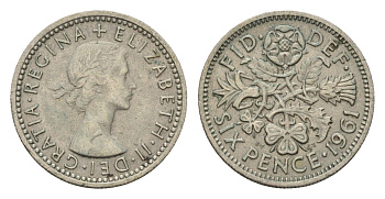 Великобритания 6 пенсов 1961 Елизавета II (1952-2022) KM 903, Spink 4149 медно-никель 100-844
